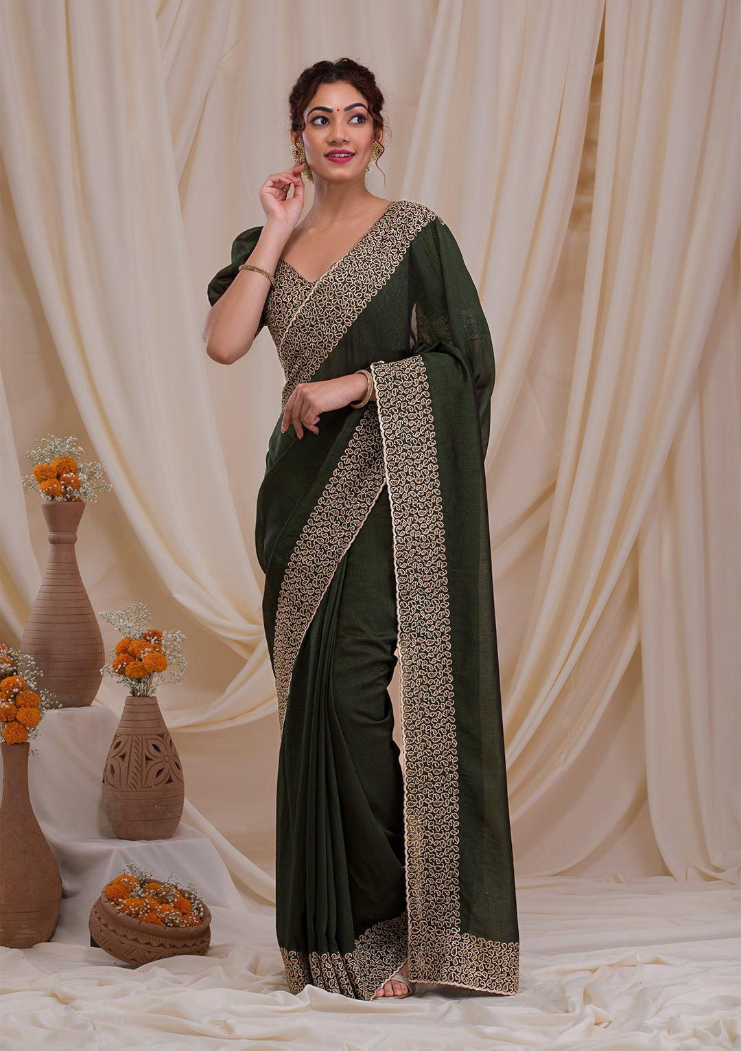 Mehendi Stonework Art Silk Saree-Koskii