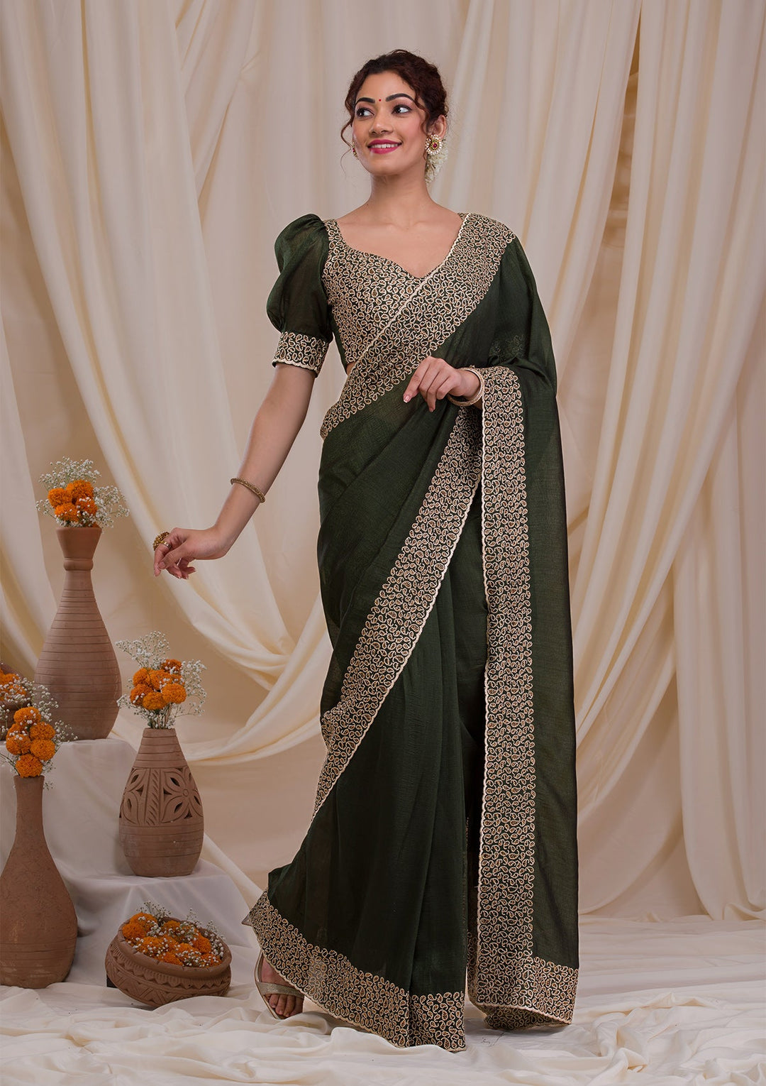 Mehendi Stonework Art Silk Saree-Koskii