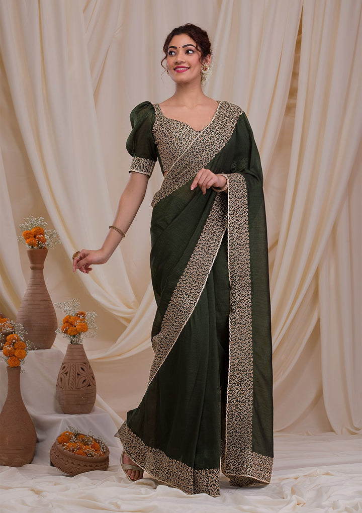 Mehendi Stonework Art Silk Saree-Koskii