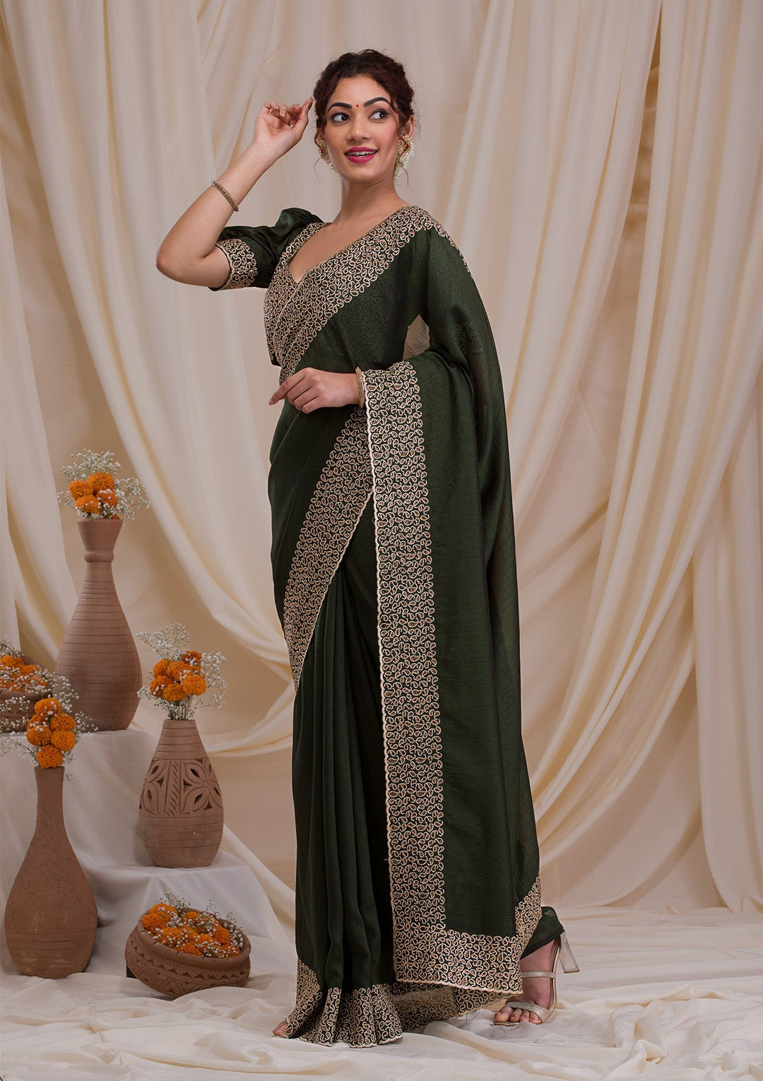 Mehendi Stonework Art Silk Saree-Koskii