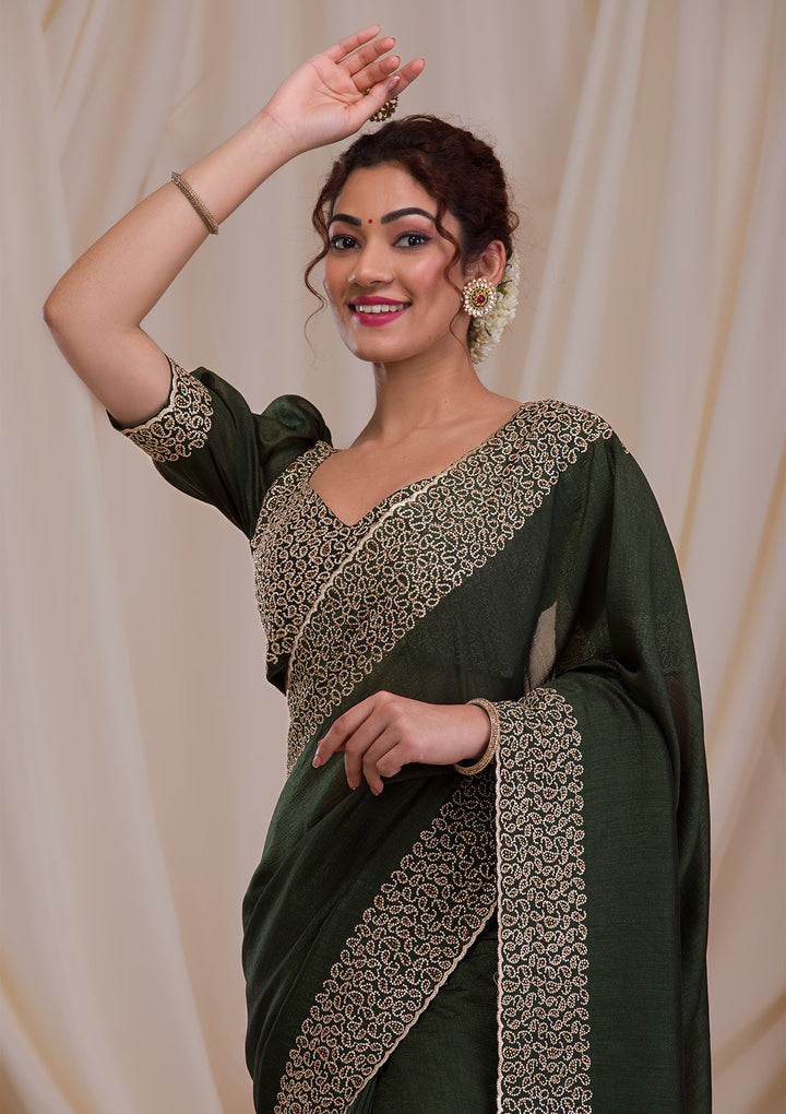 Mehendi Stonework Art Silk Saree-Koskii