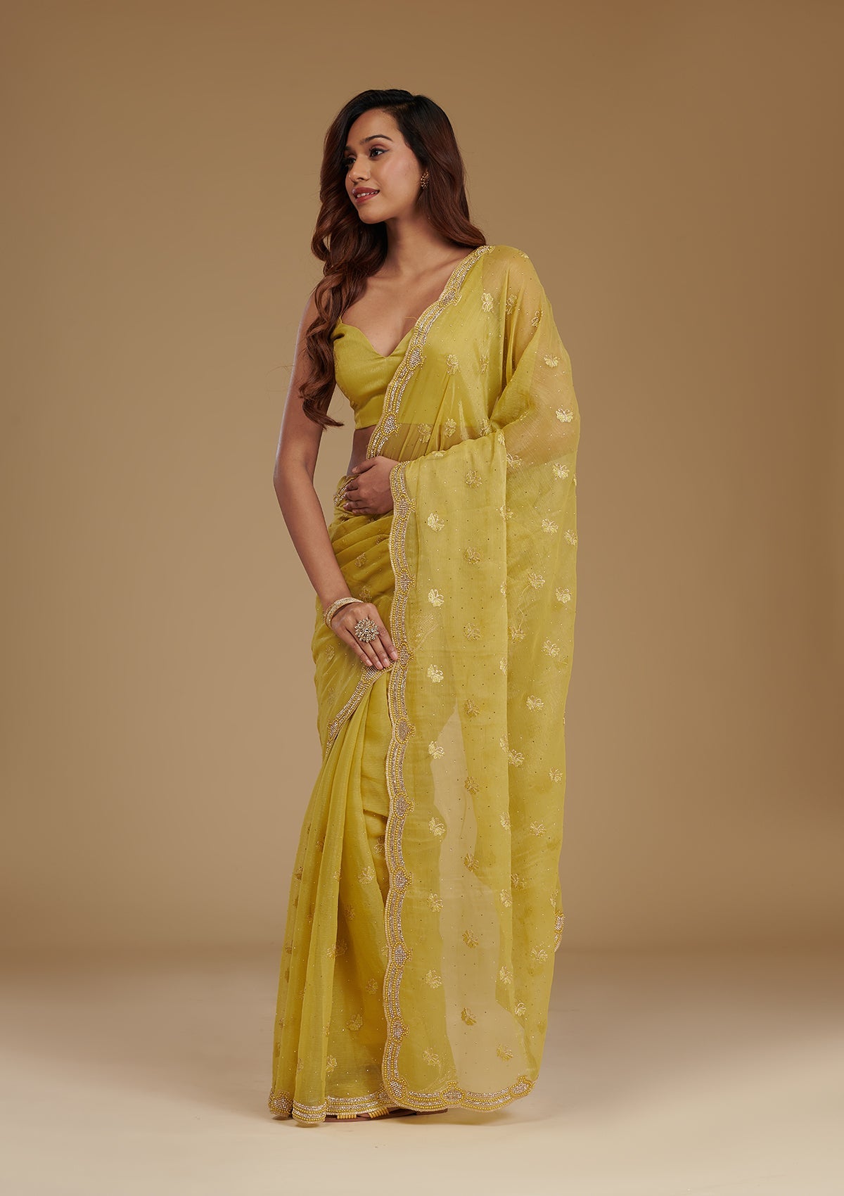 Mehendi Stonework Chiffon Saree-Koskii