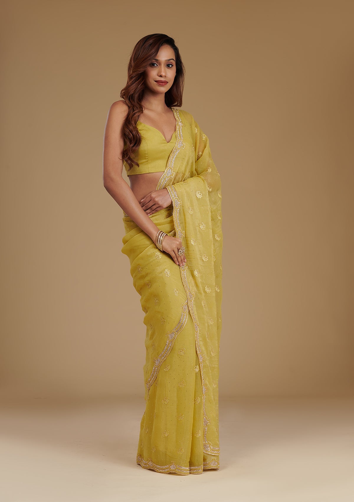 Mehendi Stonework Chiffon Saree-Koskii