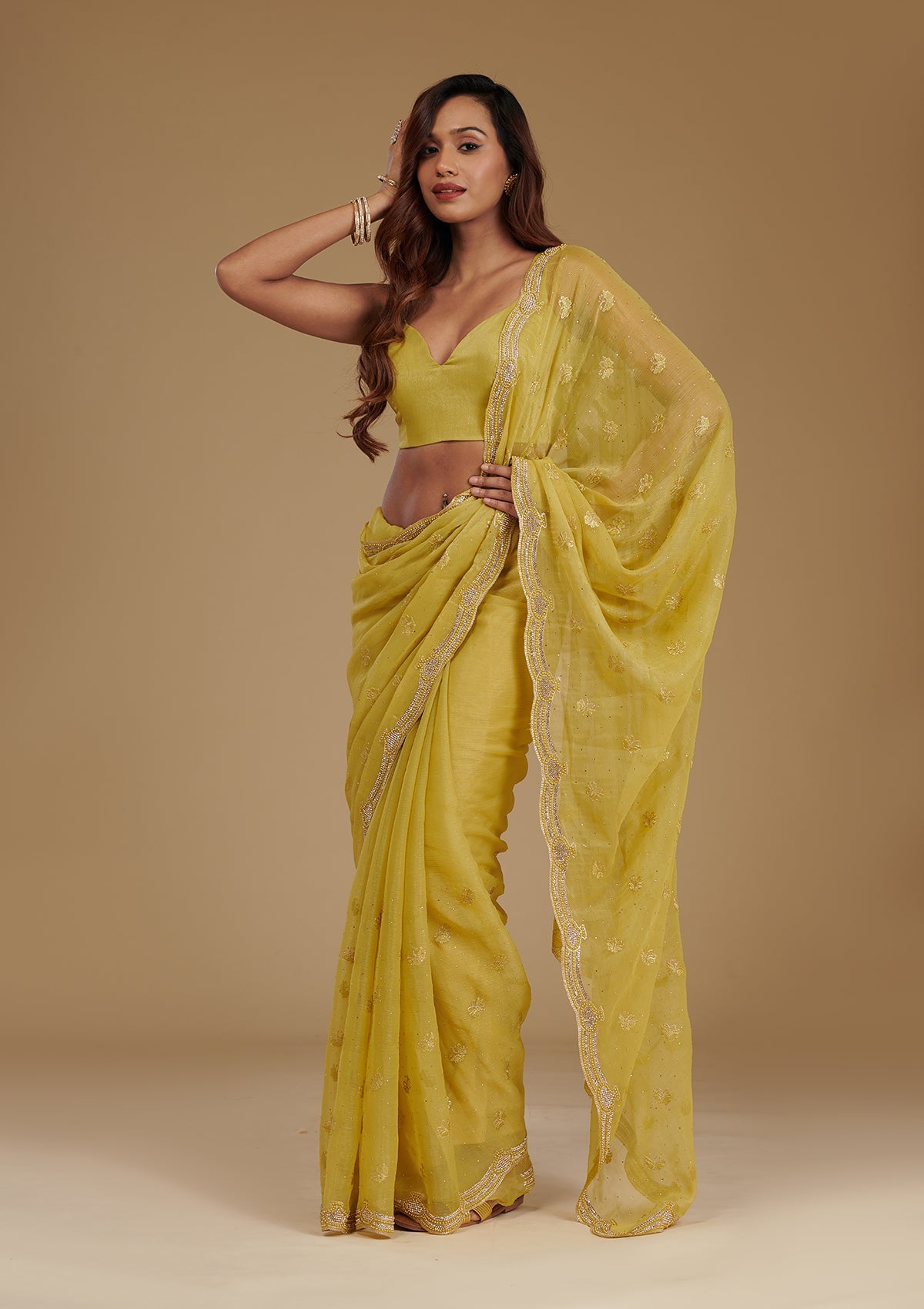 Mehendi Stonework Chiffon Saree-Koskii