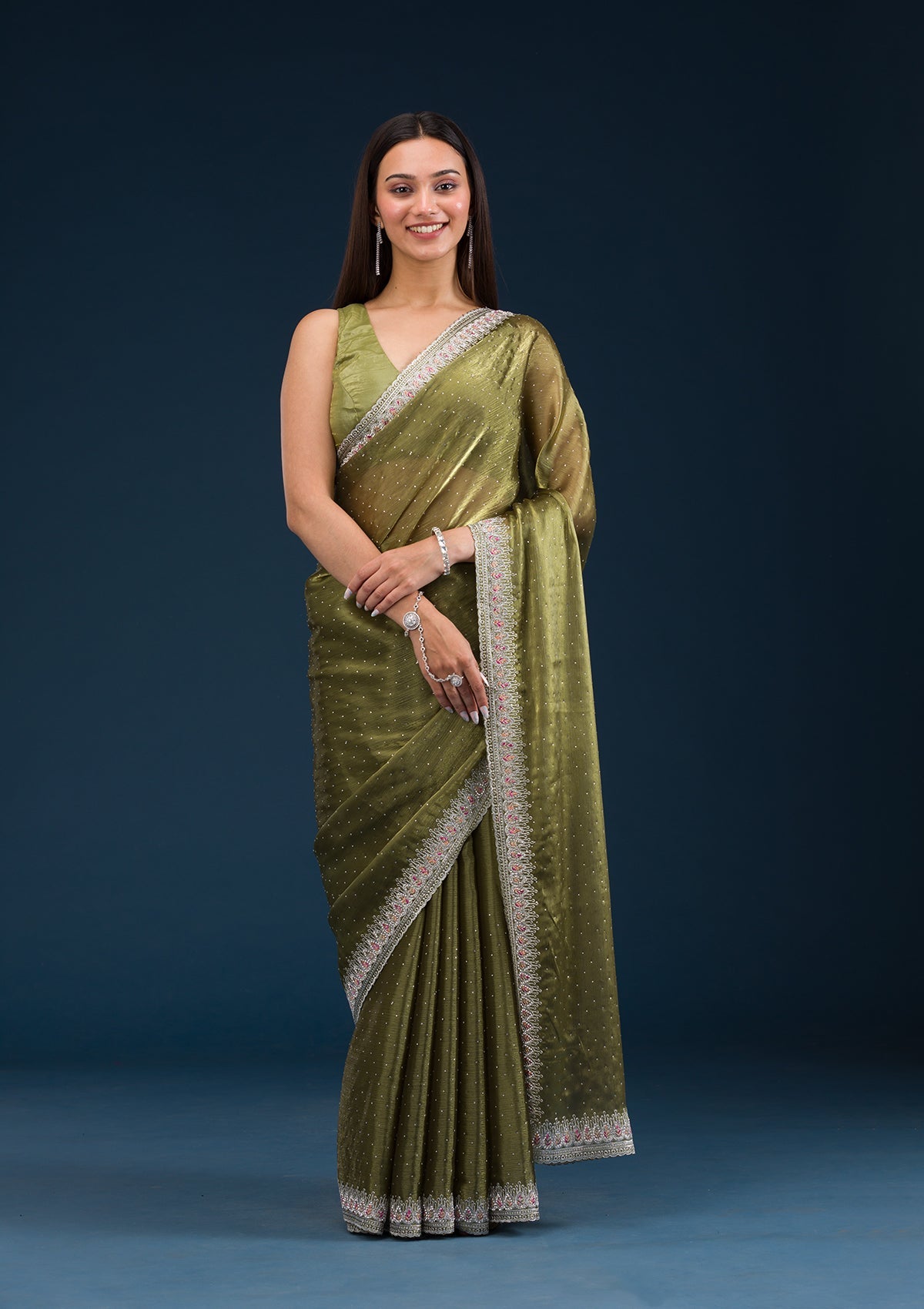 Mehendi Stonework Chiffon Saree