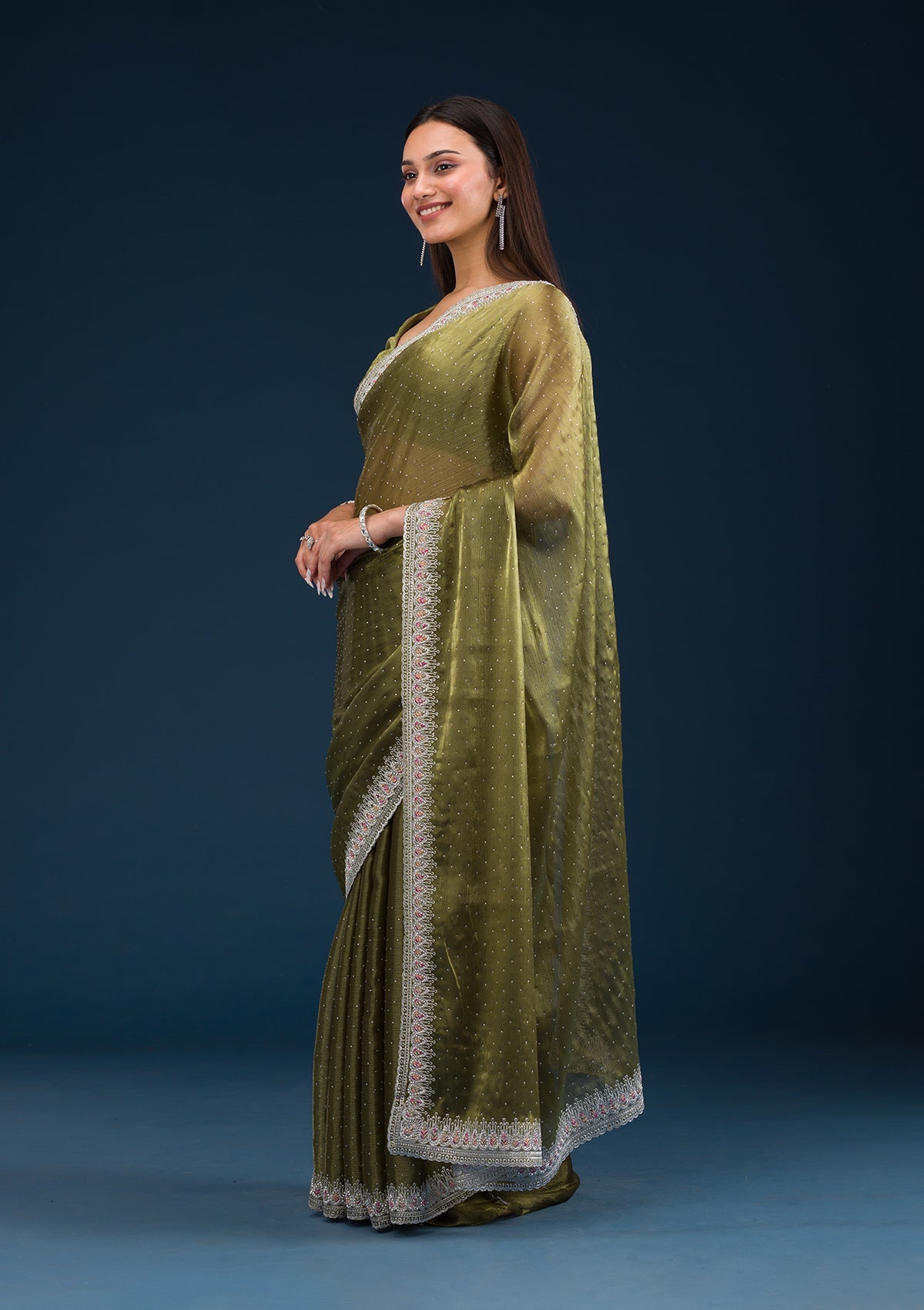 Mehendi Stonework Chiffon Saree