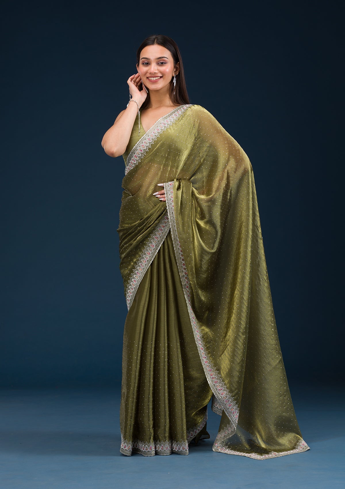 Mehendi Stonework Chiffon Saree-Koskii