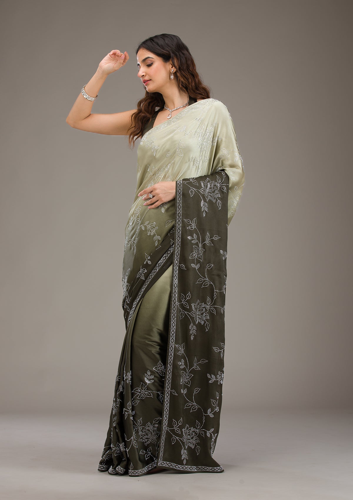 Mehendi Stonework Satin Saree