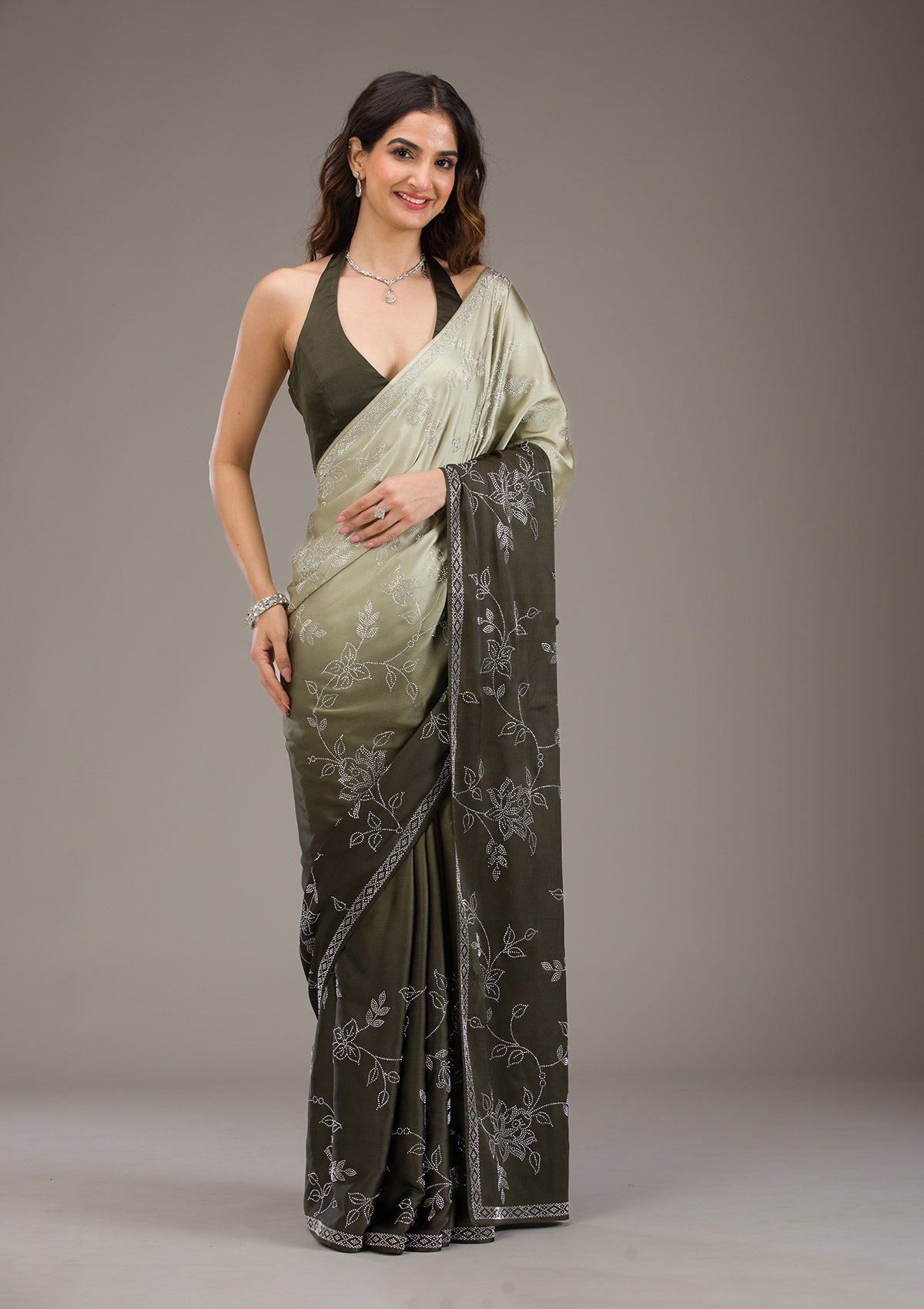 Mehendi Stonework Satin Saree