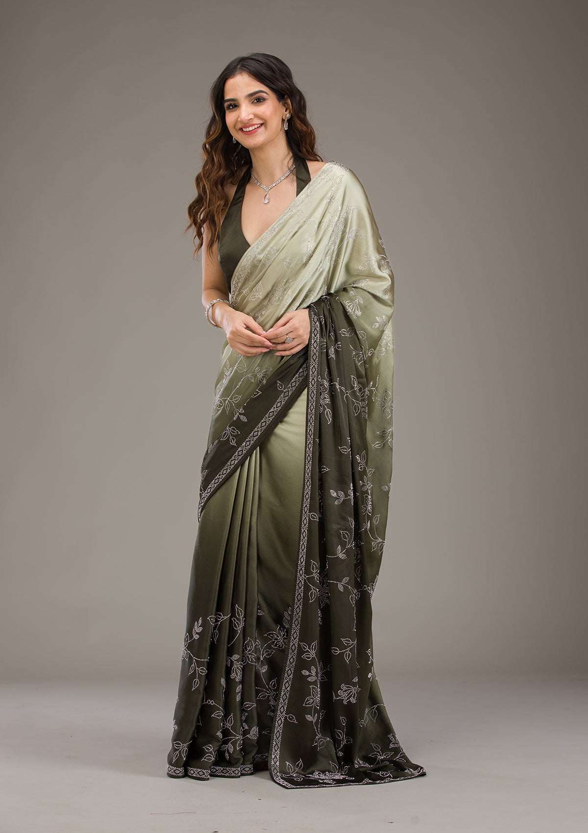 Mehendi Stonework Satin Saree