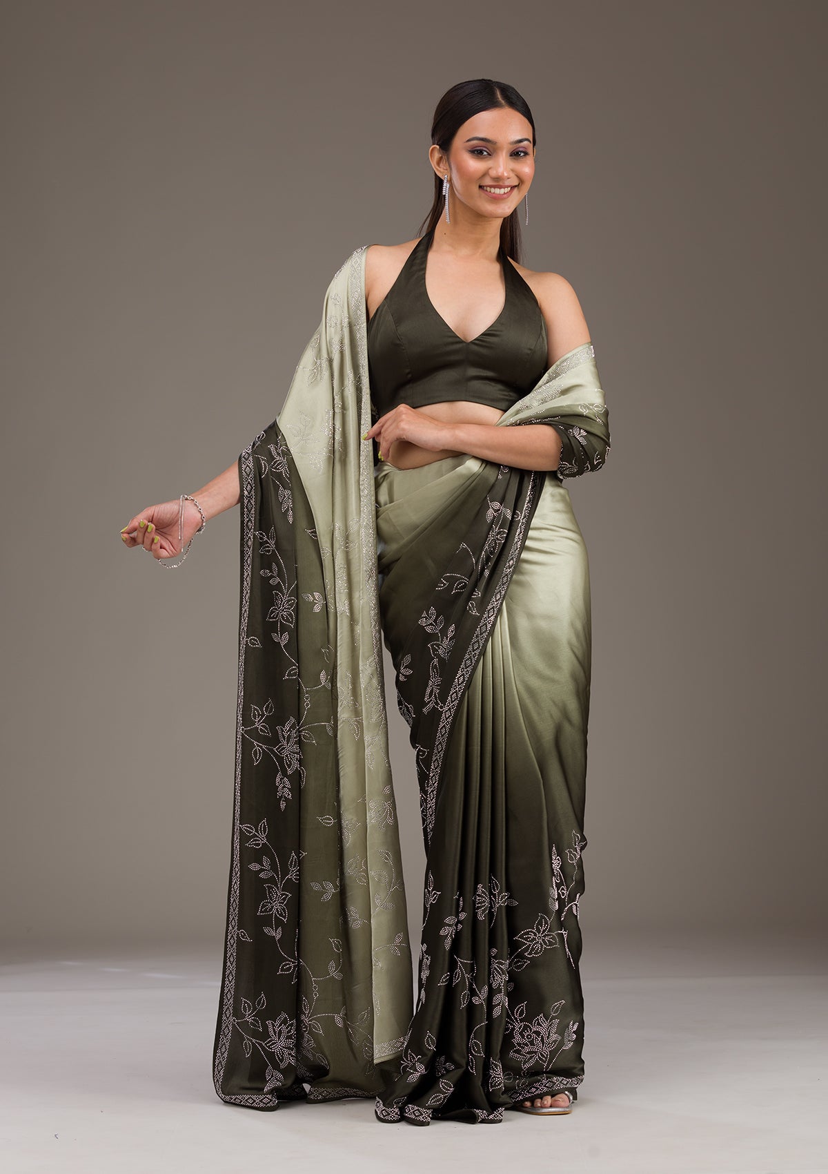 Mehendi Stonework Satin Saree-Koskii