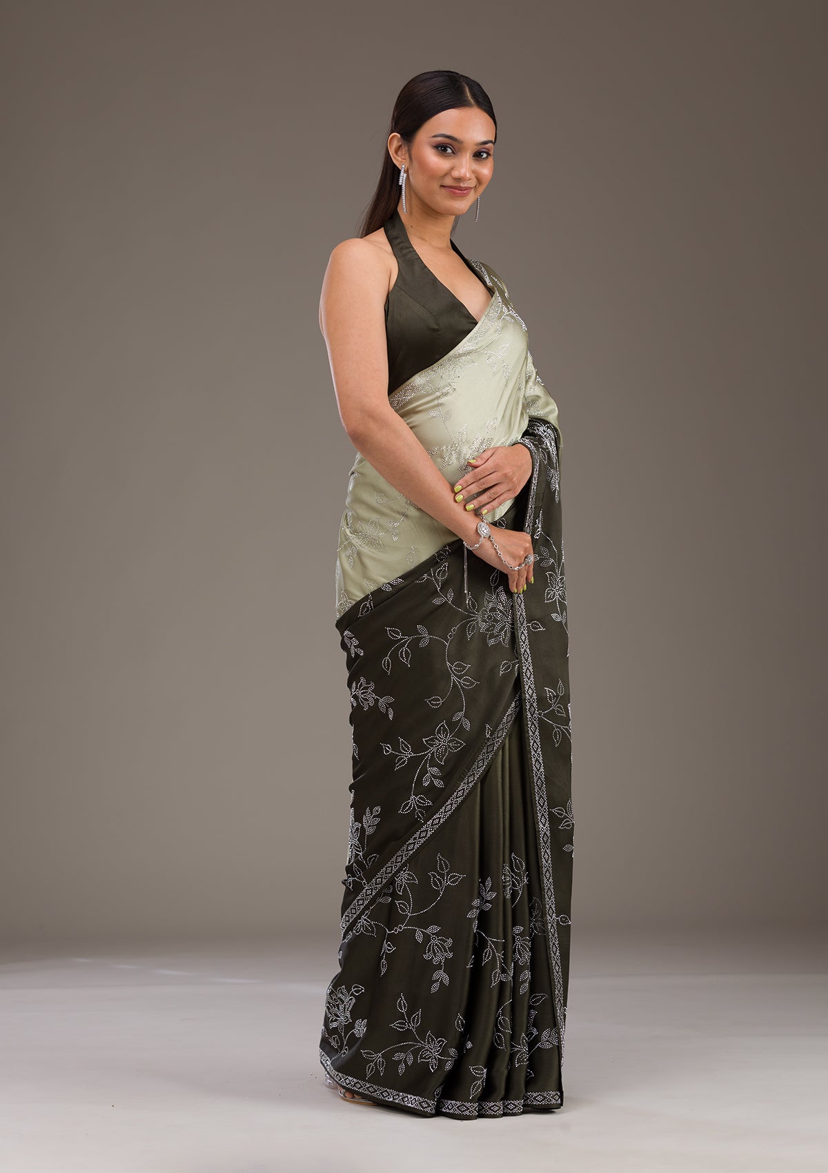 Mehendi Stonework Satin Saree-Koskii