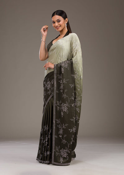 Mehendi Stonework Satin Saree-Koskii