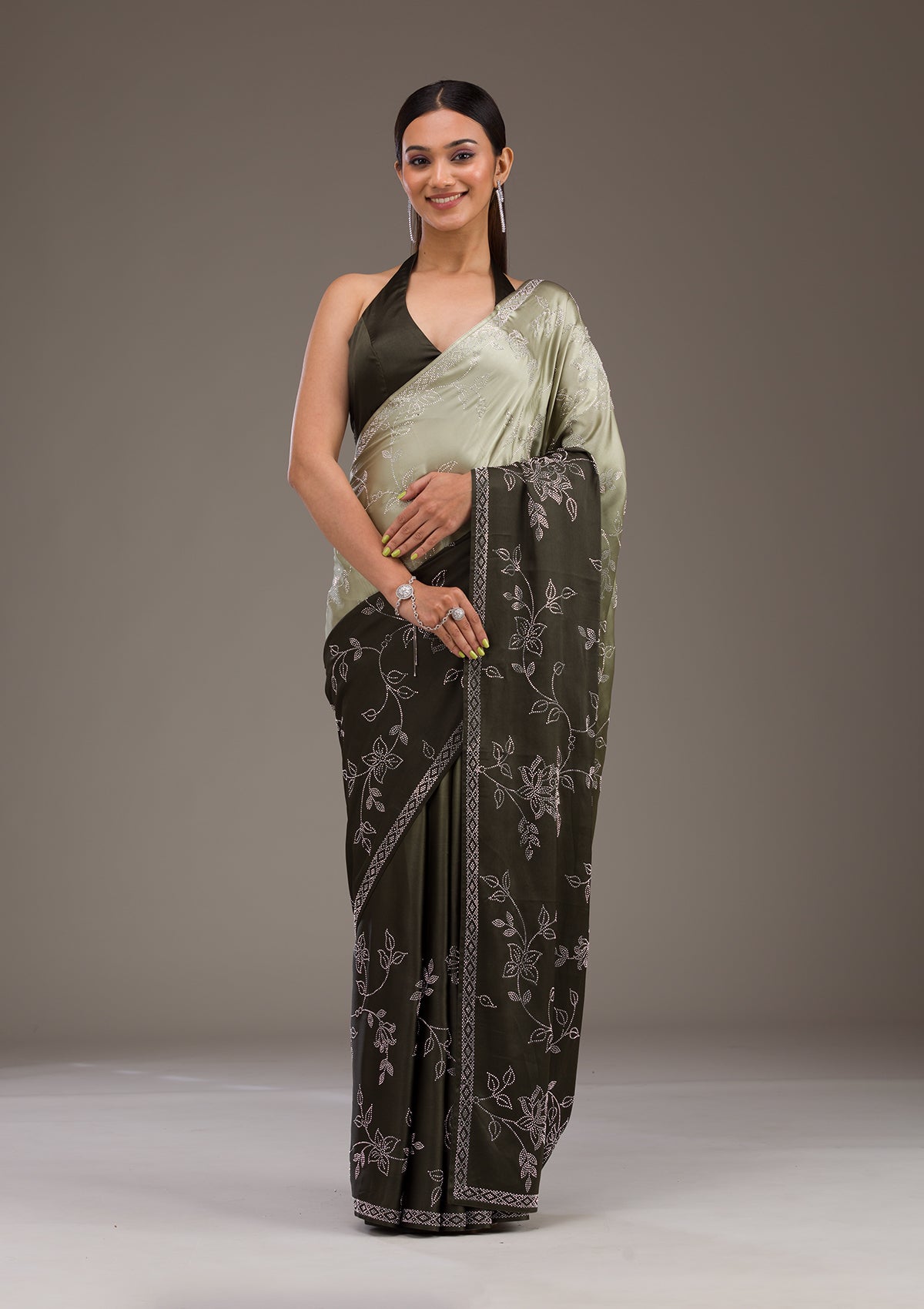 Mehendi Stonework Satin Saree-Koskii