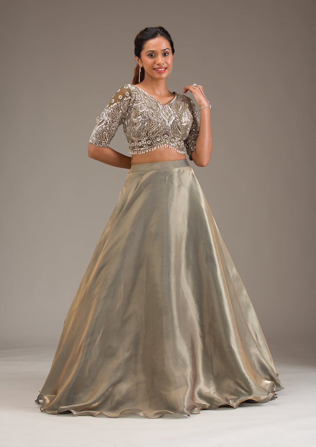Mehendi Stonework Semi Crepe Readymade Lehenga
