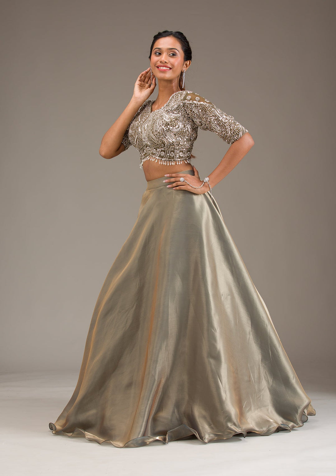 Mehendi Stonework Semi Crepe Readymade Lehenga