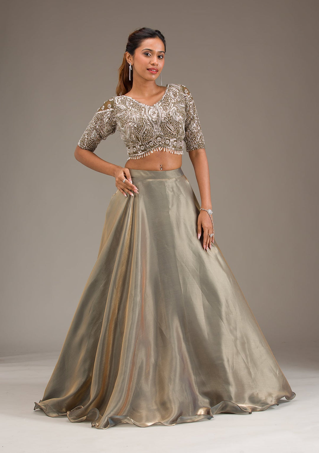 Mehendi Stonework Semi Crepe Readymade Lehenga