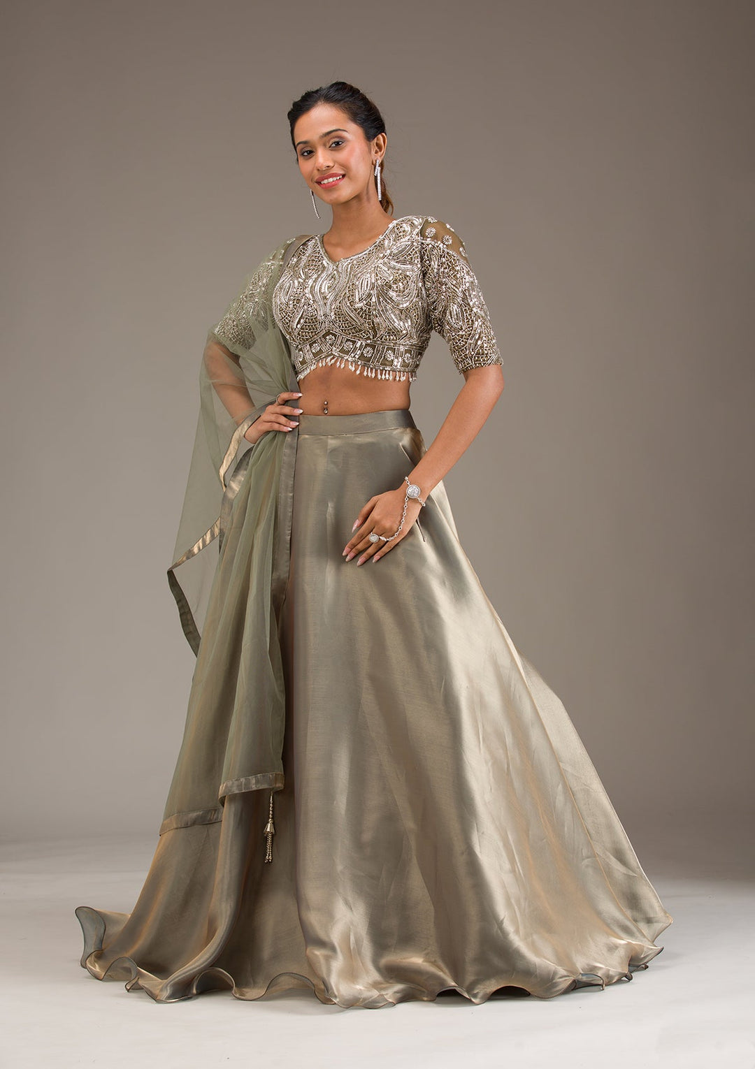 Mehendi Stonework Semi Crepe Readymade Lehenga