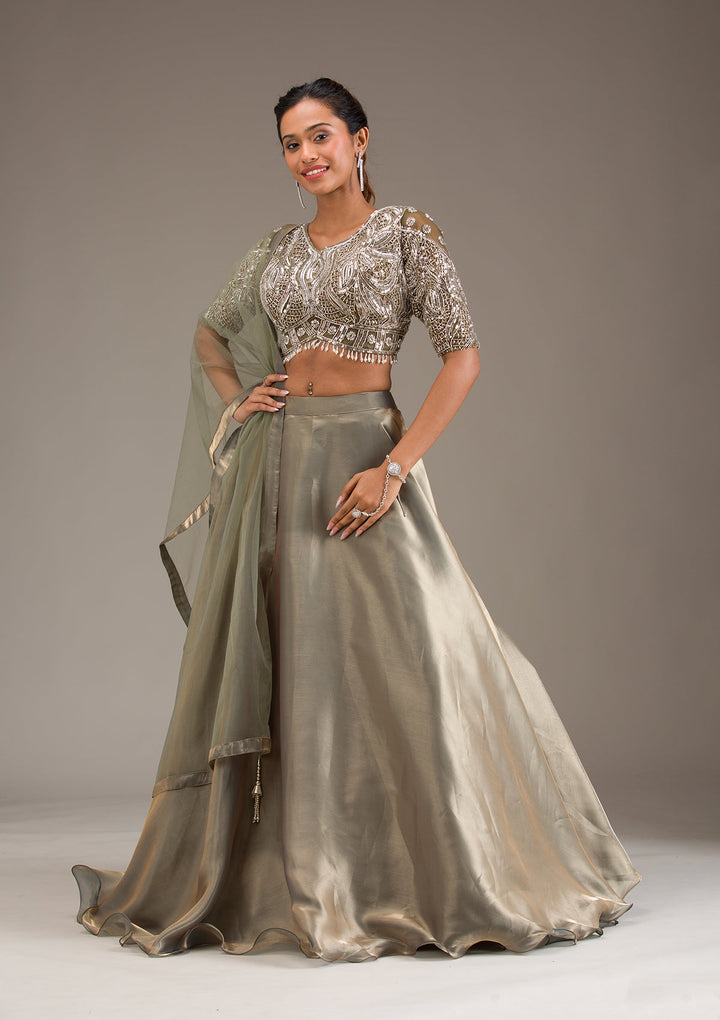 Mehendi Stonework Semi Crepe Readymade Lehenga