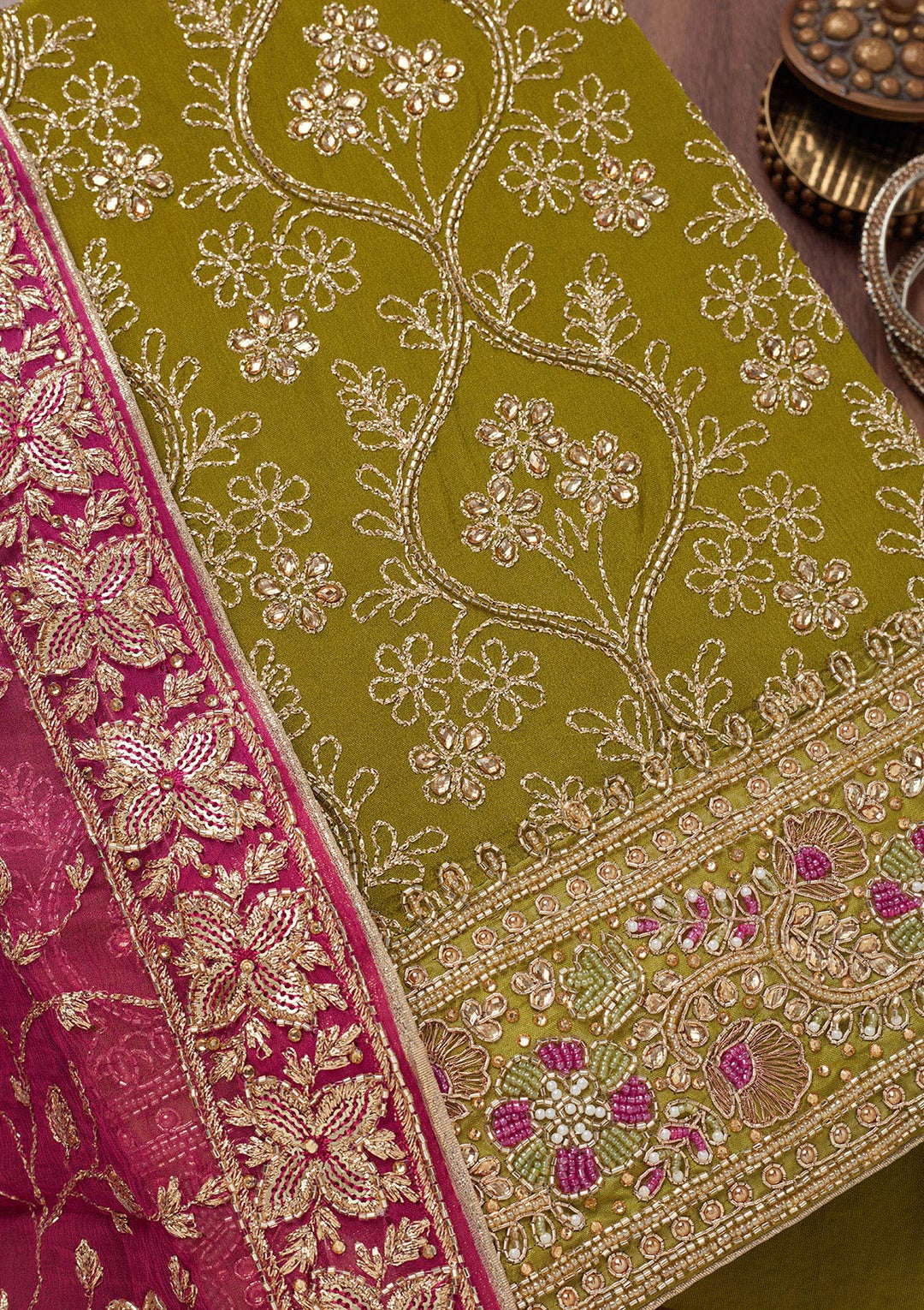 Mehendi Stonework Semi Crepe Unstitched Salwar Suit-Koskii