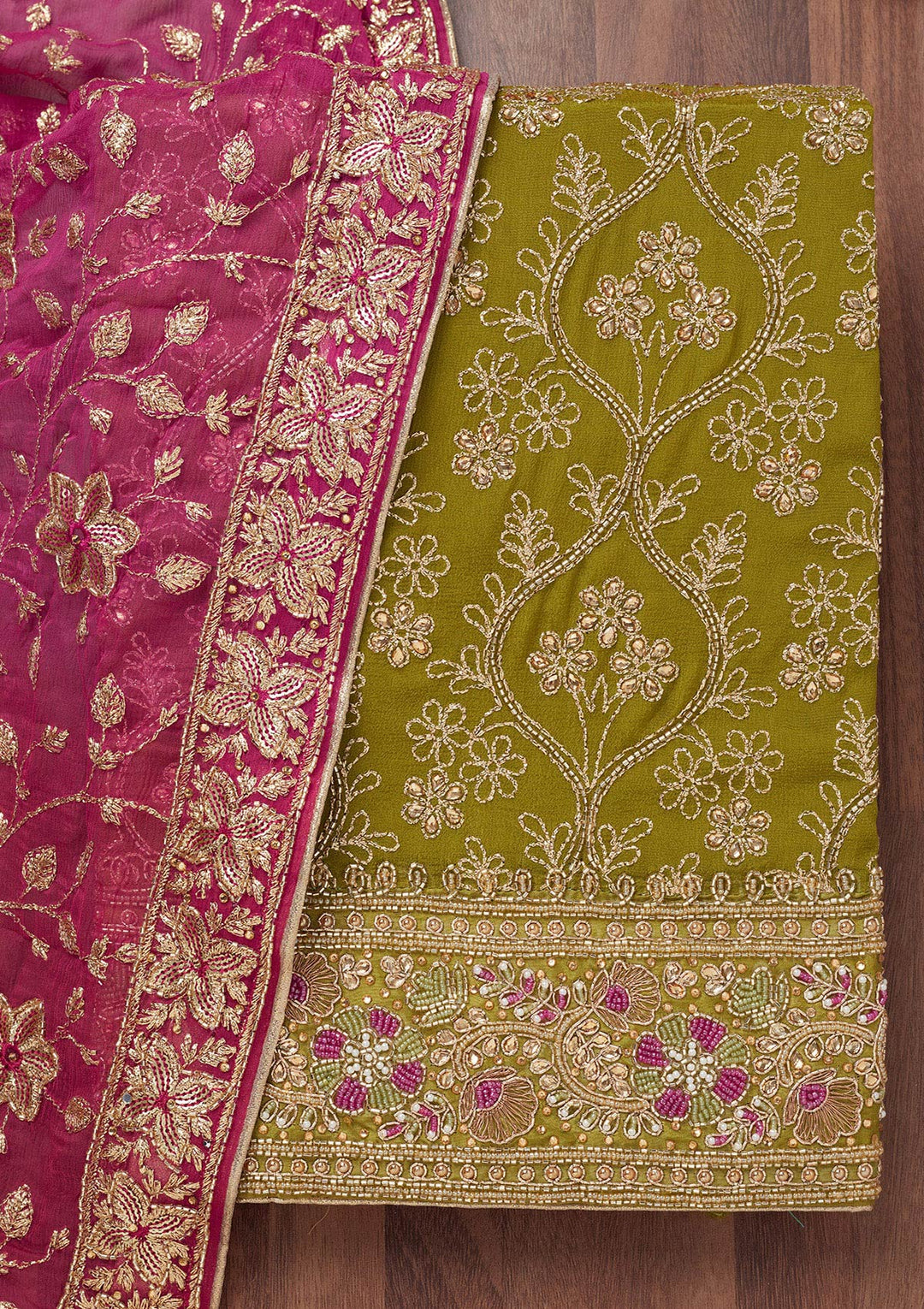 Mehendi Stonework Semi Crepe Unstitched Salwar Suit-Koskii