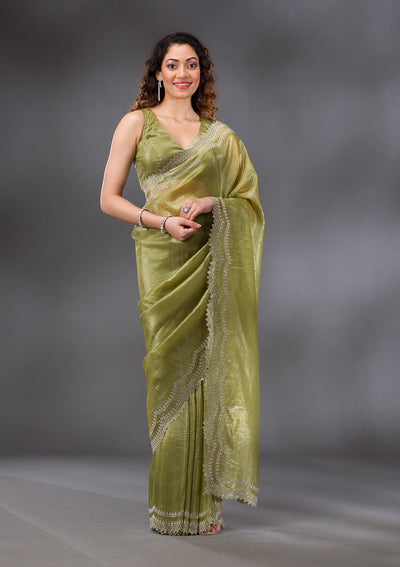 Mehendi Stonework Tissue Saree-Koskii