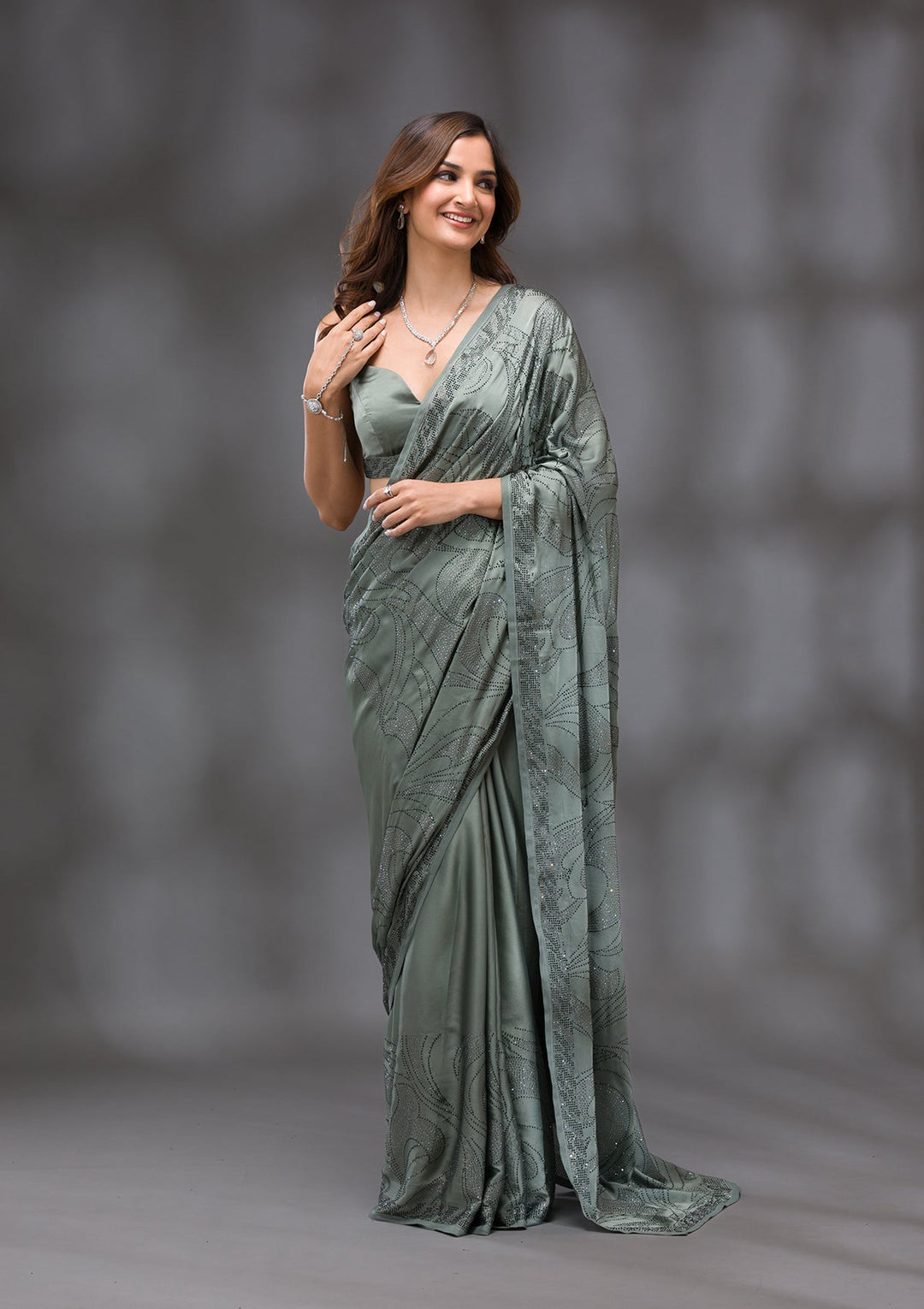 Mehendi Swarovski Crepe Saree-Koskii