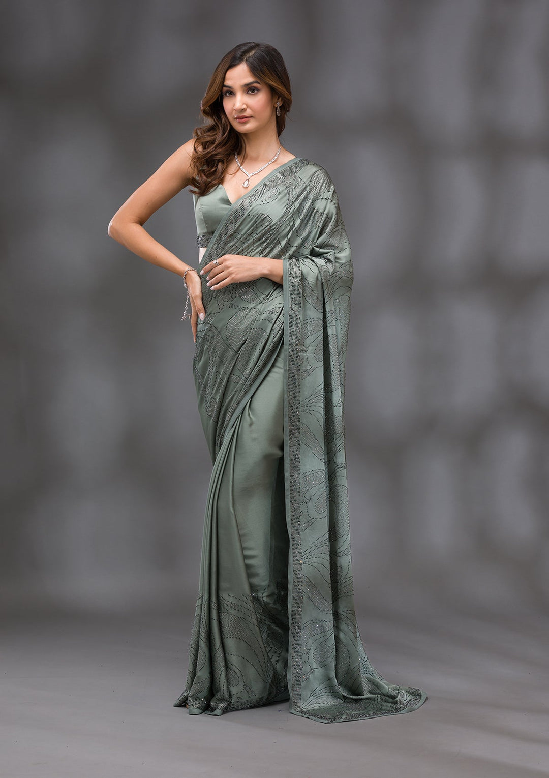 Mehendi Swarovski Crepe Saree-Koskii