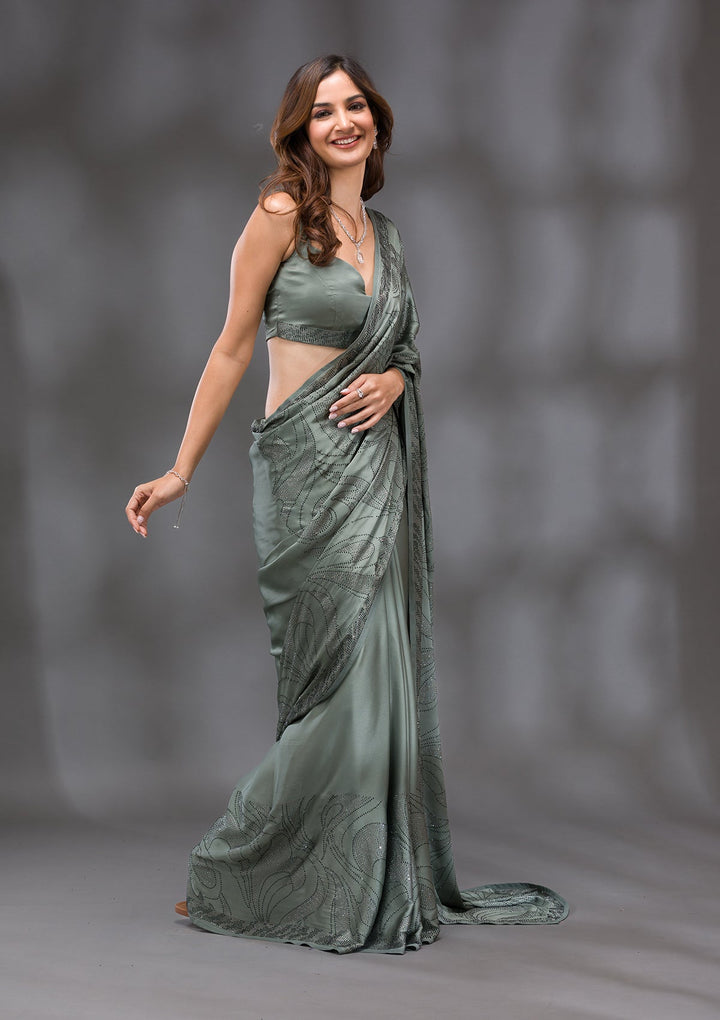 Mehendi Swarovski Crepe Saree-Koskii