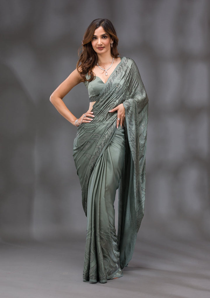 Mehendi Swarovski Crepe Saree-Koskii