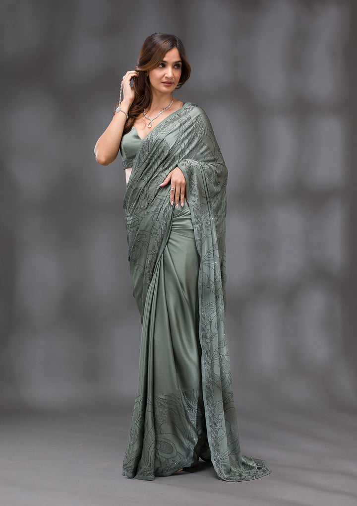 Mehendi Swarovski Crepe Saree-Koskii