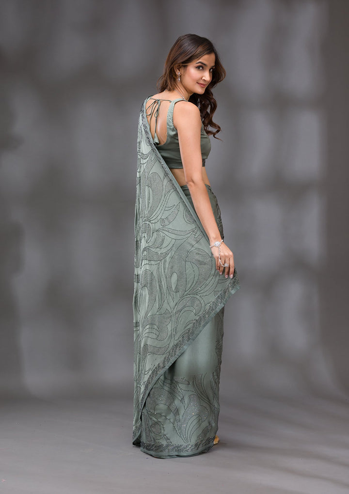 Mehendi Swarovski Crepe Saree-Koskii