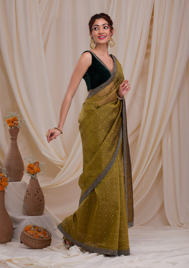 Mehendi Swarovski Tissue Saree-Koskii