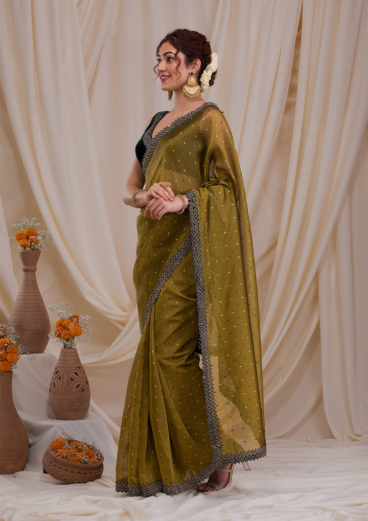 Mehendi Swarovski Tissue Saree-Koskii