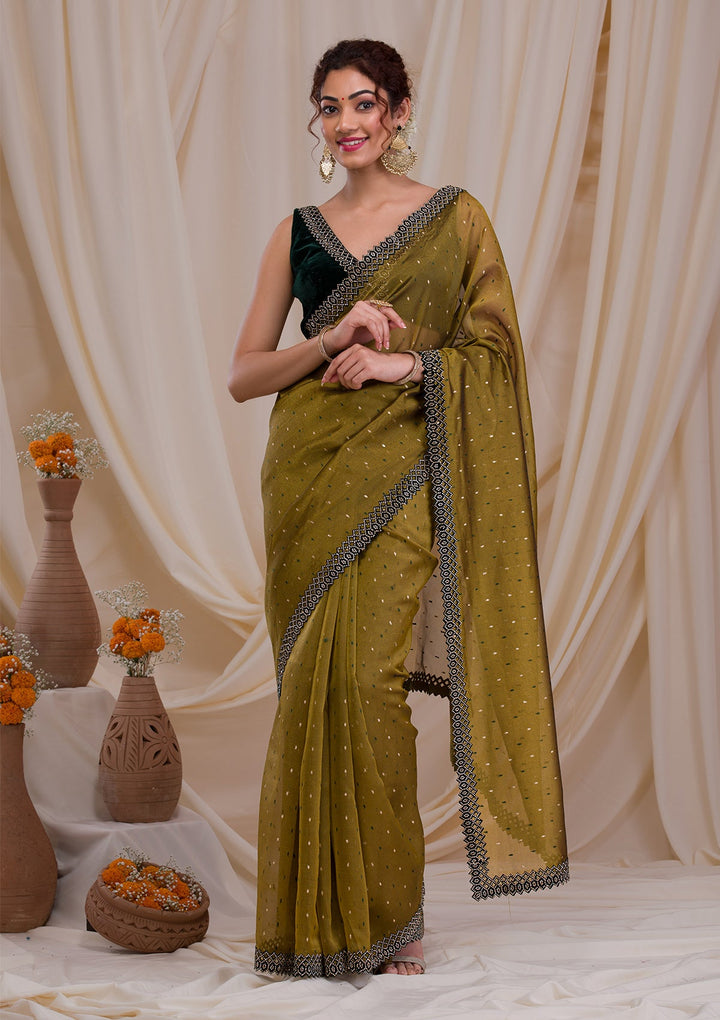 Mehendi Swarovski Tissue Saree-Koskii