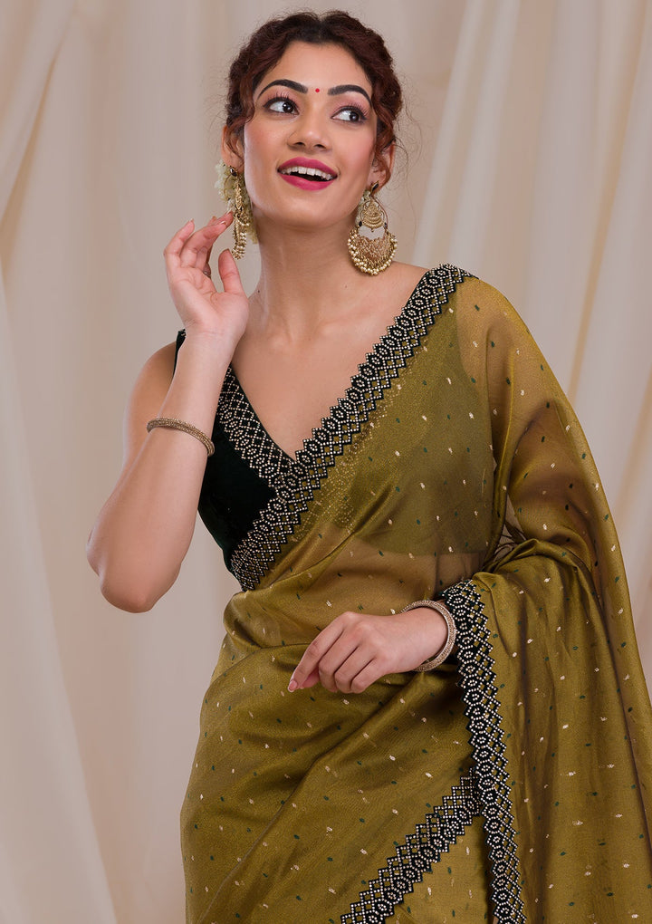 Mehendi Swarovski Tissue Saree-Koskii