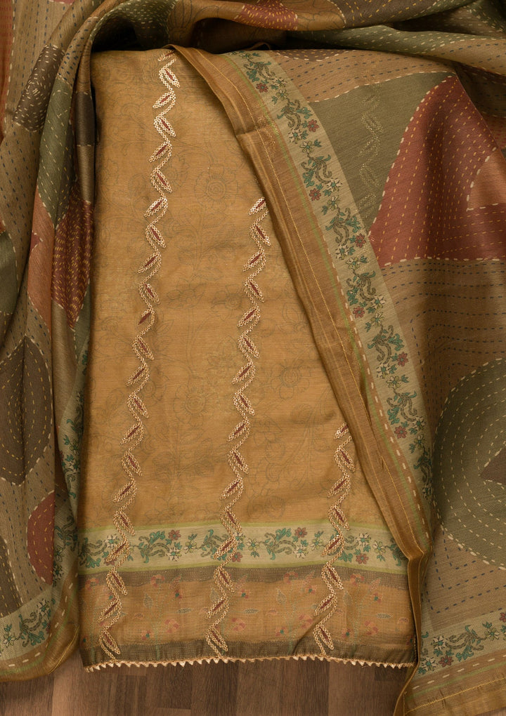 Mehendi Threadwork Chanderi Unstitched Salwar Suit-Koskii