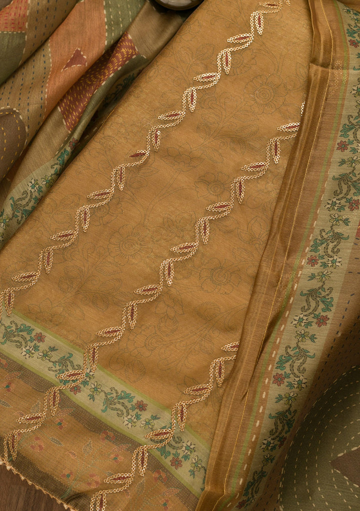 Mehendi Threadwork Chanderi Unstitched Salwar Suit-Koskii