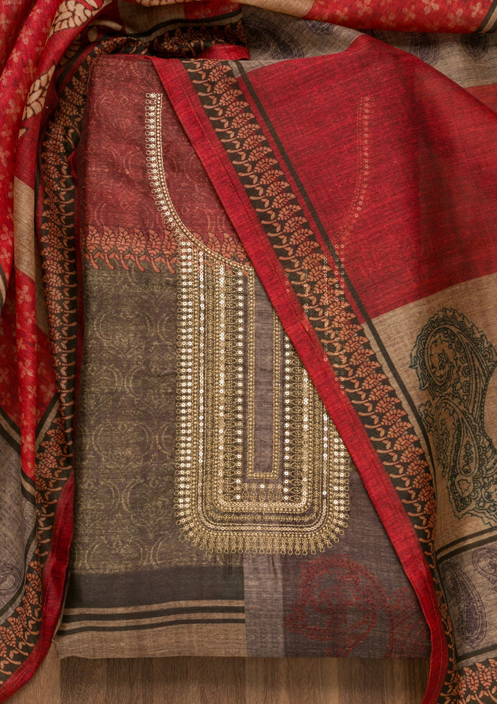 Mehendi Threadwork Chanderi Unstitched Salwar Suit-Koskii