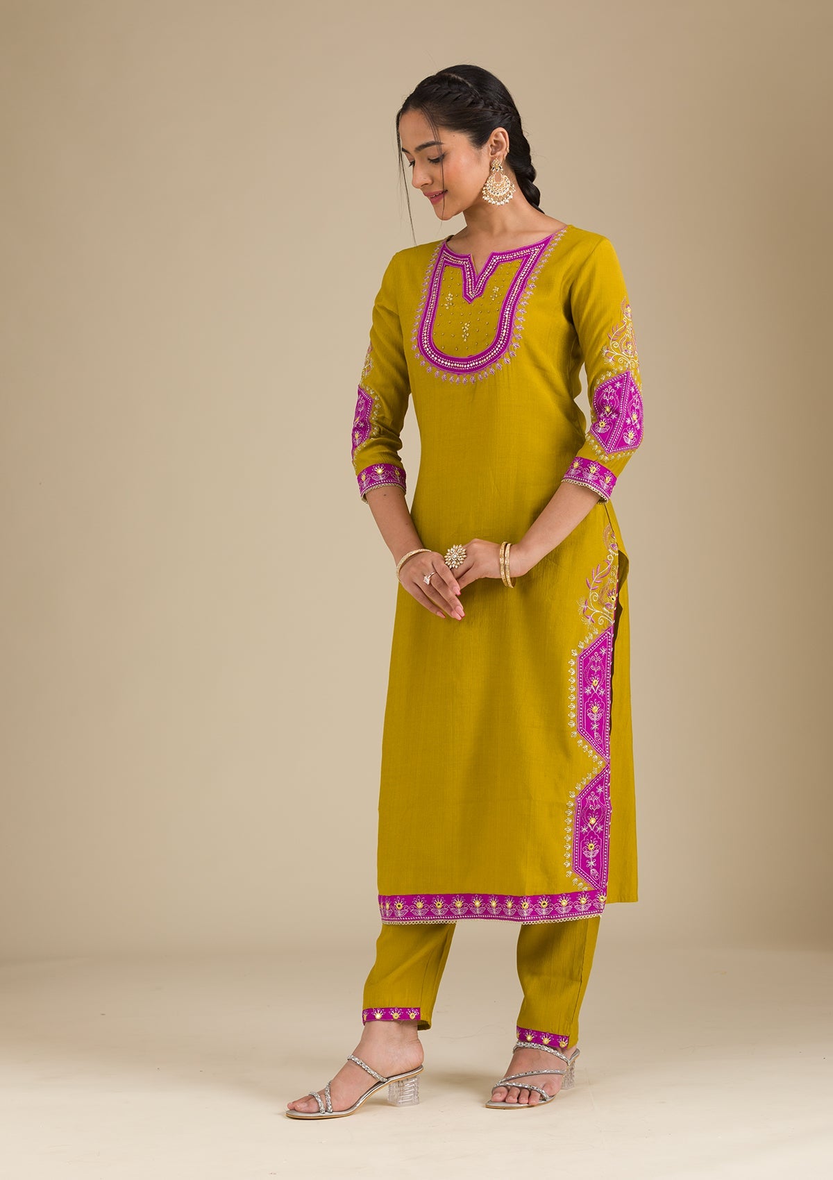 Mehendi Threadwork Chiffon Readymade Salwar Suit-Koskii