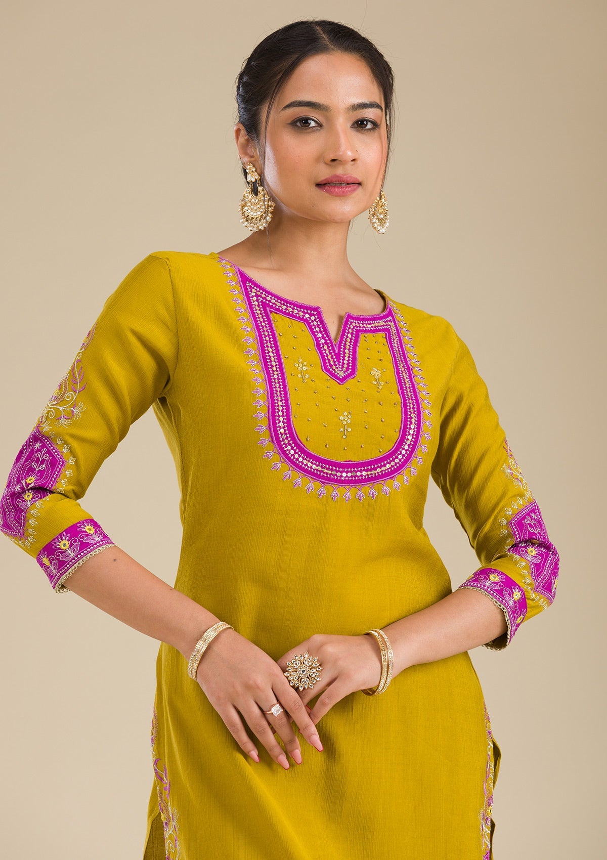 Mehendi Threadwork Chiffon Readymade Salwar Suit-Koskii