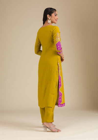 Mehendi Threadwork Chiffon Readymade Salwar Suit-Koskii