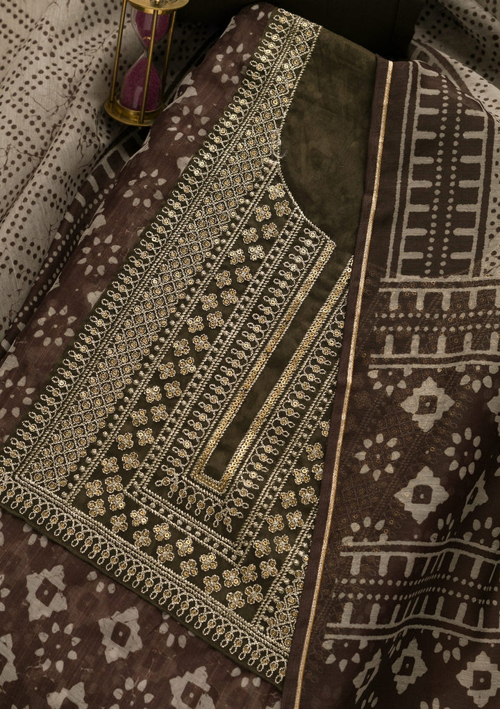Mehendi Threadwork Cotton Unstitched Salwar Kameez-Koskii