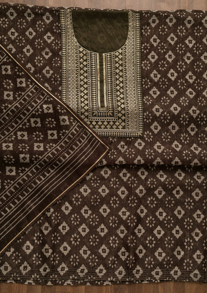 Mehendi Threadwork Cotton Unstitched Salwar Kameez-Koskii