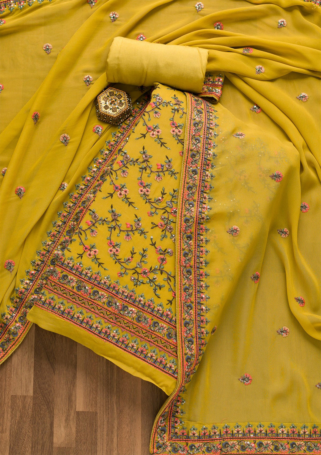 Mehendi Threadwork Georgette Unstitched Salwar Kameez-Koskii