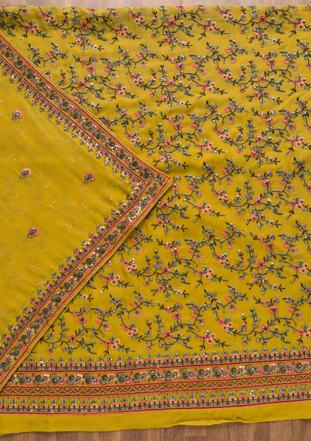 Mehendi Threadwork Georgette Unstitched Salwar Kameez-Koskii