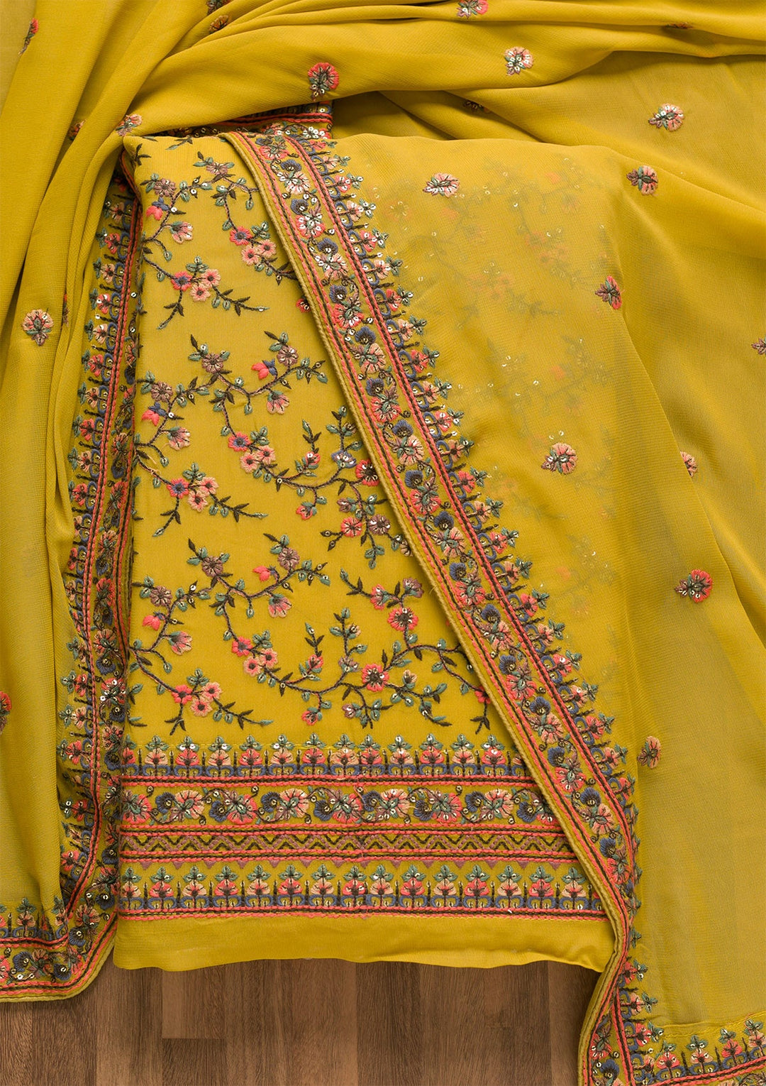 Mehendi Threadwork Georgette Unstitched Salwar Kameez-Koskii