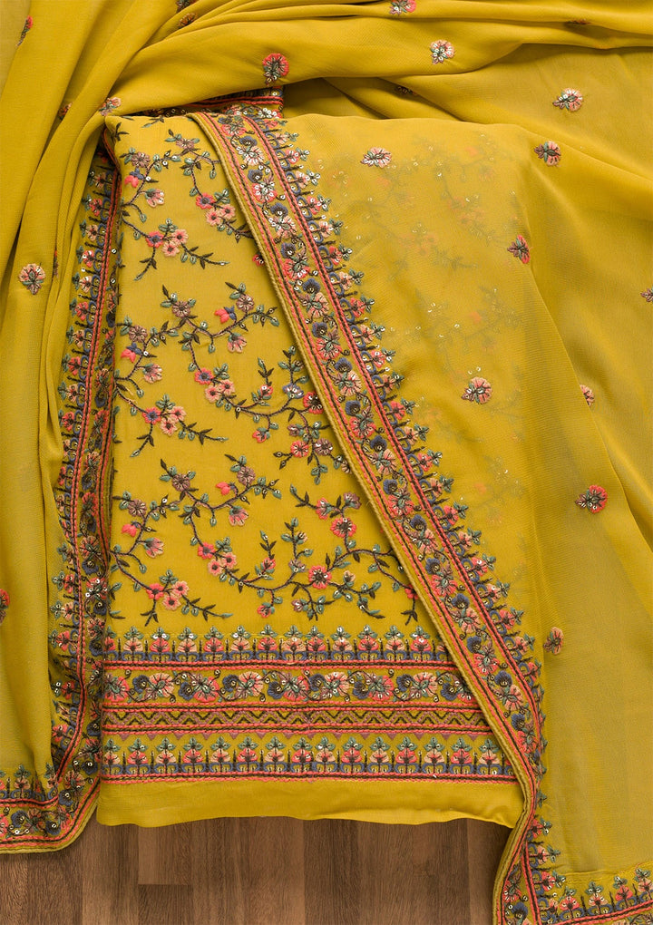 Mehendi Threadwork Georgette Unstitched Salwar Kameez-Koskii