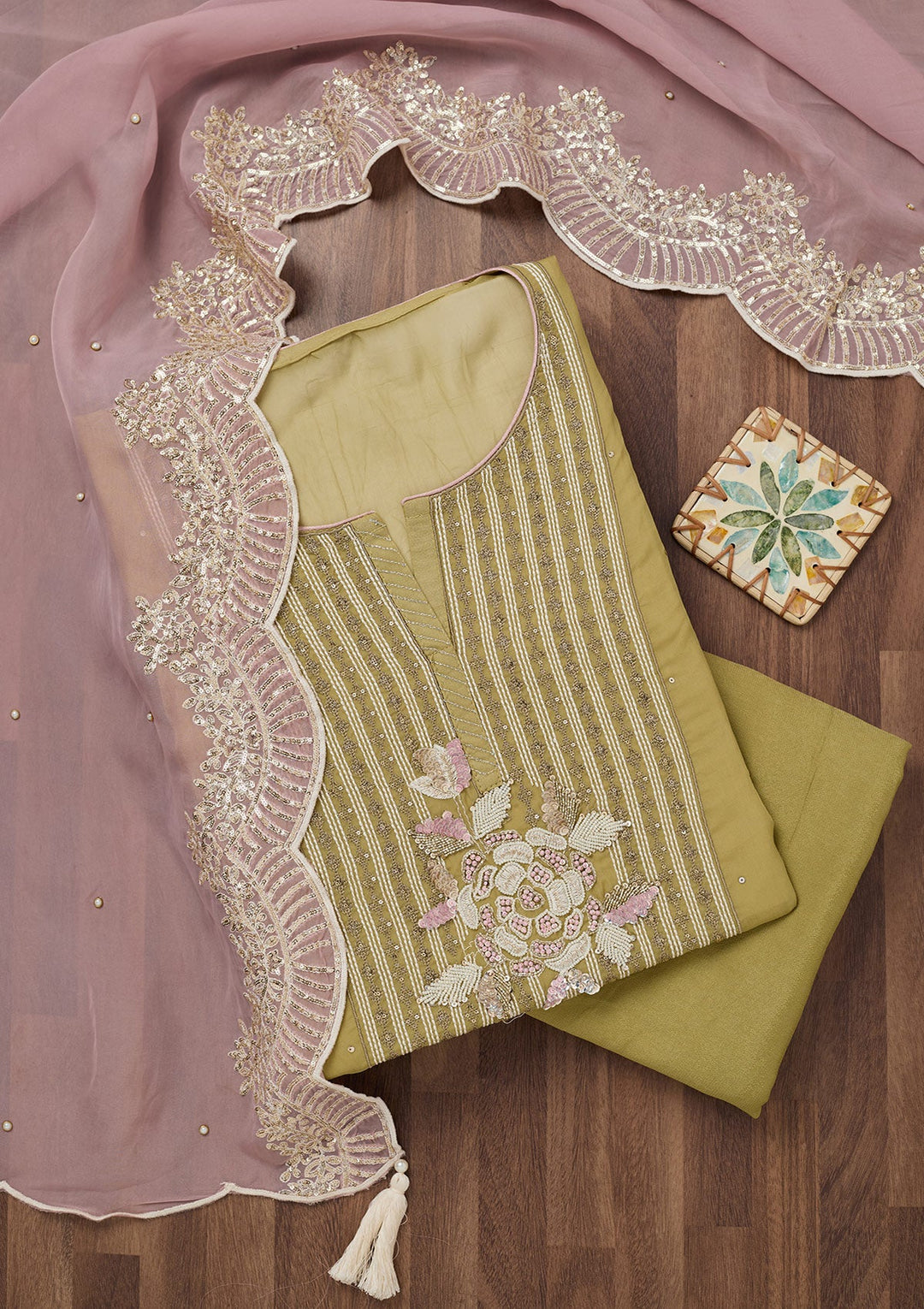 Mehendi Threadwork Georgette Unstitched Salwar Suit-Koskii