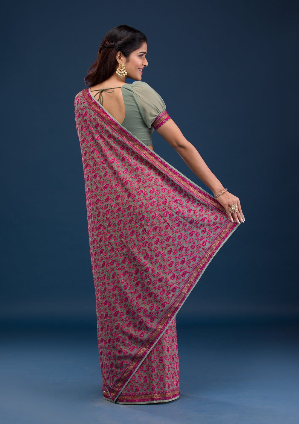 Mehendi Threadwork Georgette Saree-Koskii